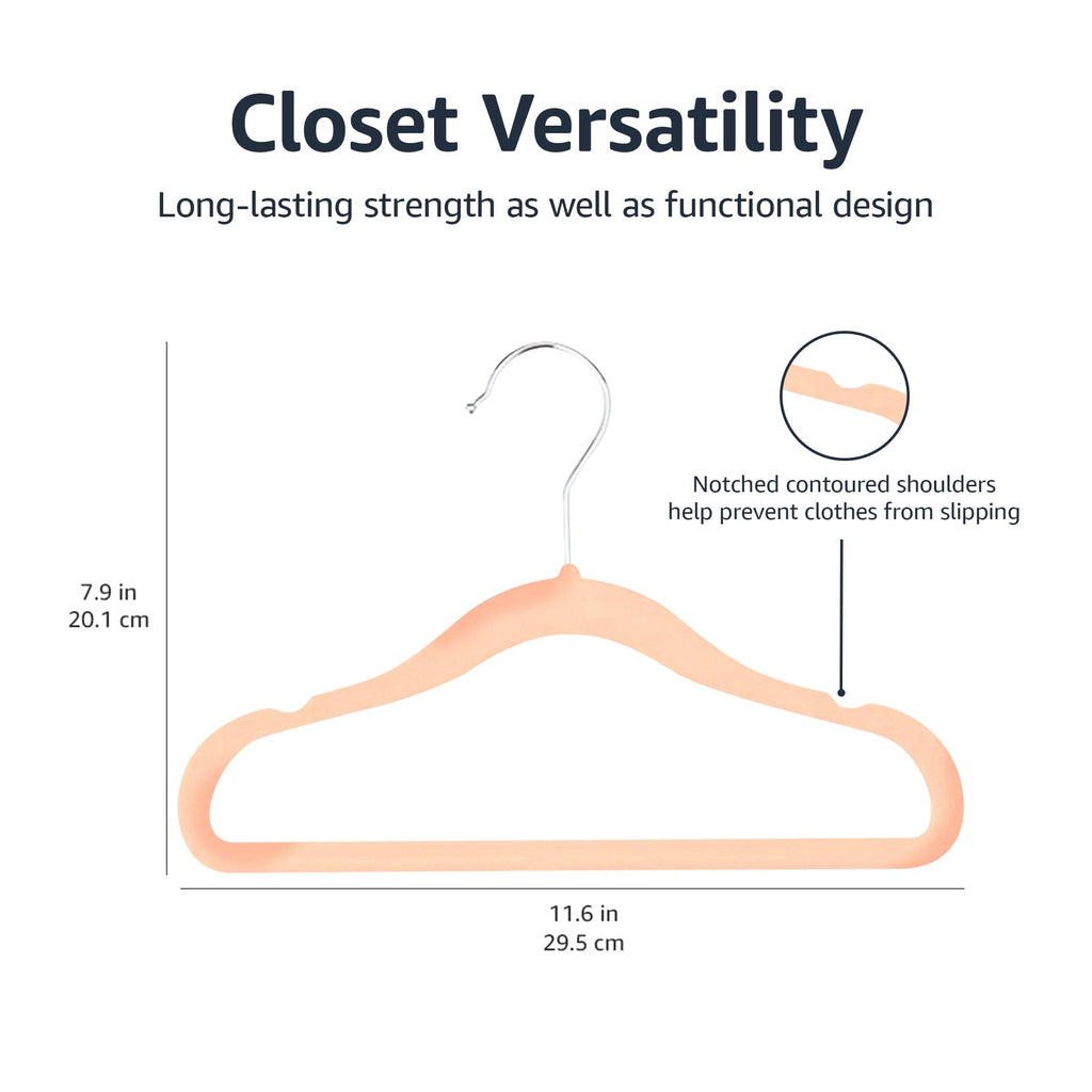 Amazon Basics Kids Space Saving Velvet Non-Slip Clothes Hangers with Shoulder Notches for Infant and Toddler, 11.6", Blush, 50-Pack