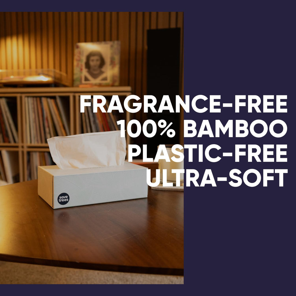 Save Trees Bamboo Facial Tissues - 12 Boxes of Eco-Friendly, 3-Ply Hypoallergenic Tissues, 90 Sheets per Box, FSC Certified, Plastic-Free Packaging, Soft & Gentle for Home Use