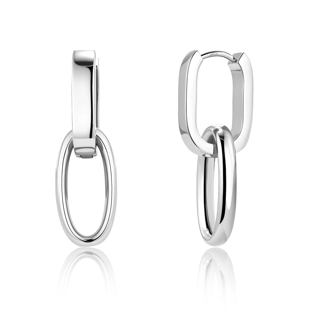 Silver Dangle Double Hoop Earrings For Women Paperclip Linik Chain