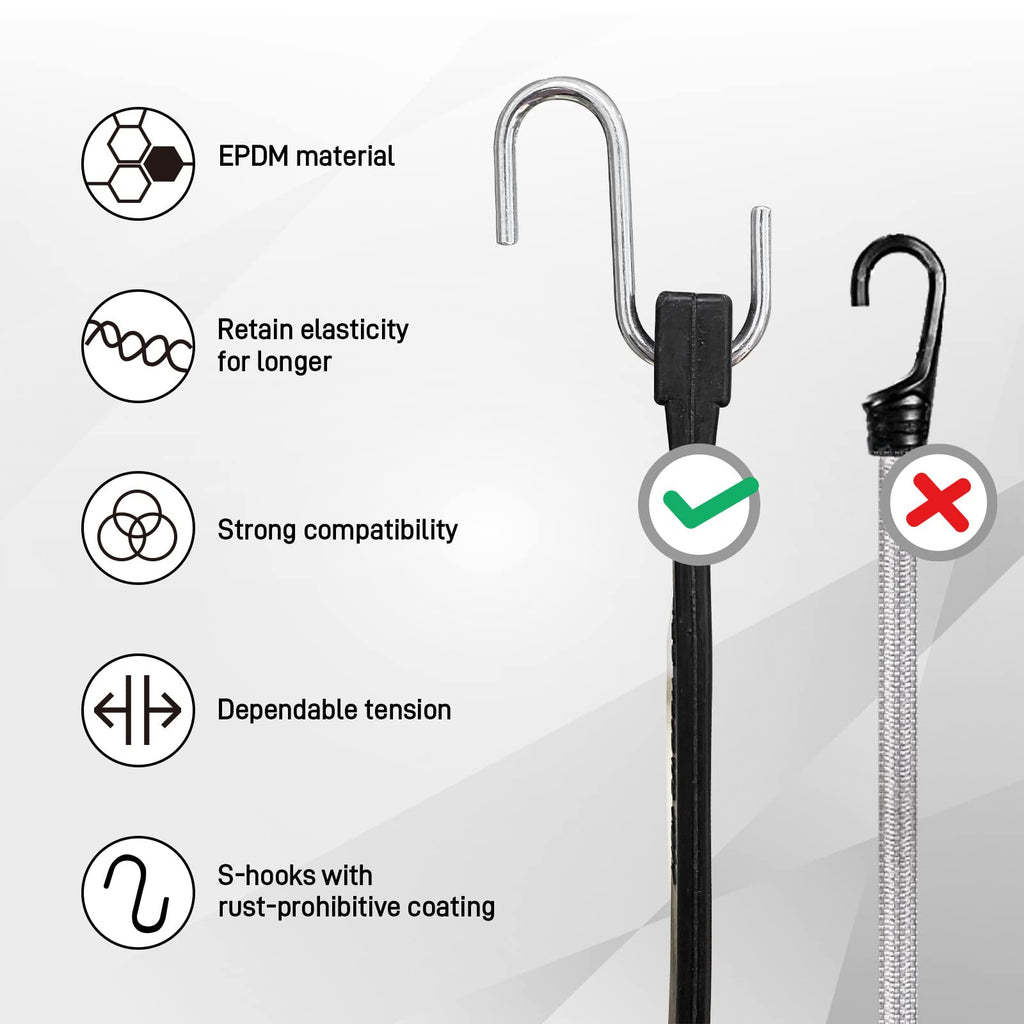 ROBLOCK 31" Rubber Tarp Straps with 150% Max Stretch, 100% EPDM Bungee Cords with Metal Crimped S Hooks, Ideal for Securing Tarps, Cargo, Canvases, Weatherproof (10 Pack)