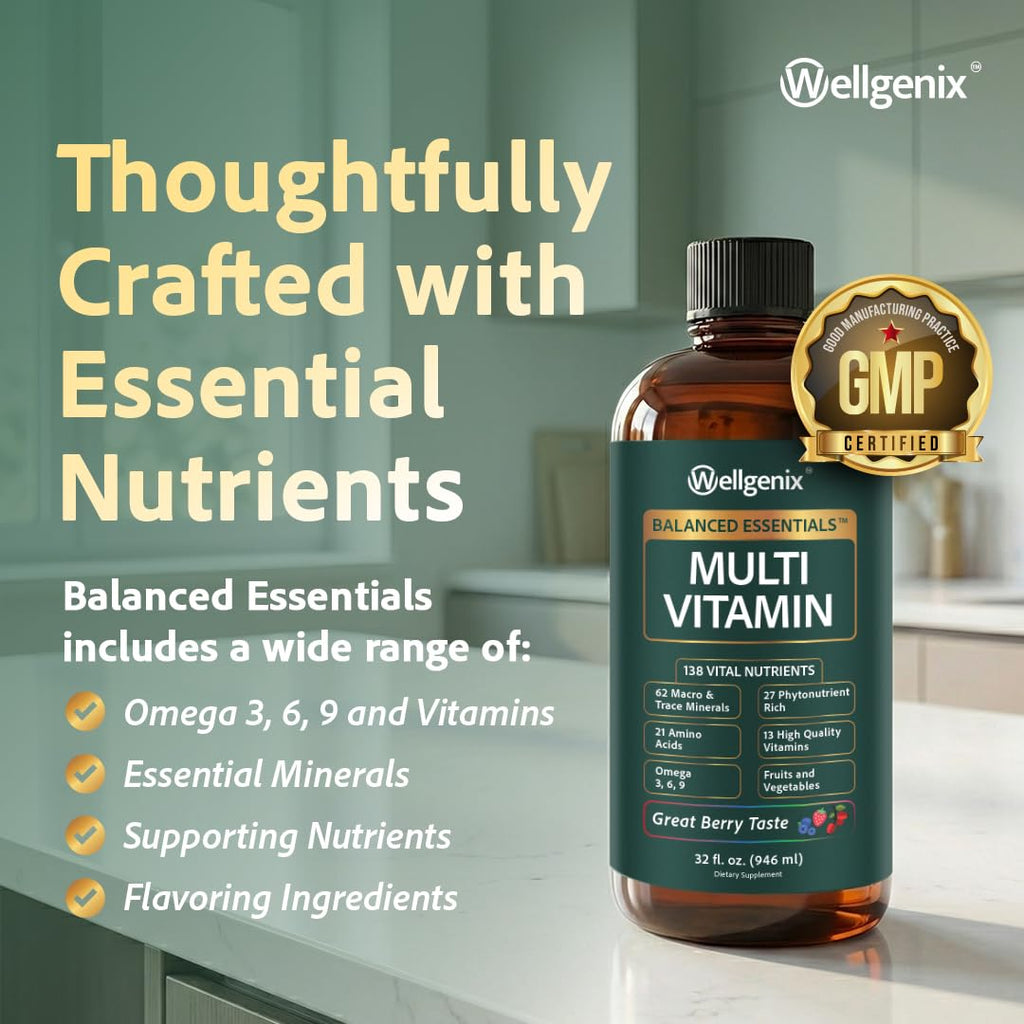 Wellgenix Balanced Essentials Liquid Multivitamin Dietary Supplement with Vitamins and Minerals – Berry Flavor – 32 fl oz