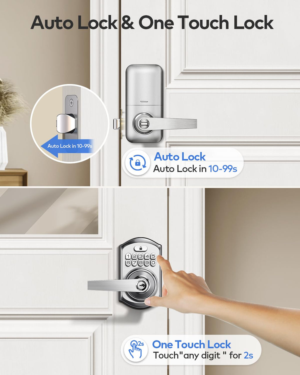 TEEHO TE004 Keyless Entry Keypad Door Lock with Handle - Smart Digital Electronic Lock for Interior Door with Anti-Peeping, Auto Lock & Passage Mode - Easy Installation - Satin Nickel