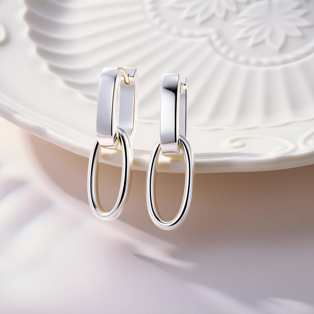 Silver Dangle Double Hoop Earrings For Women Paperclip Linik Chain