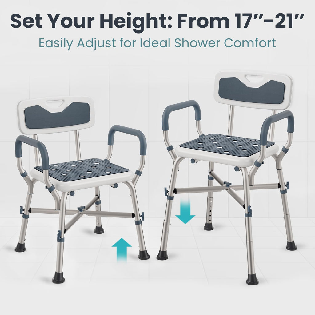 PELEGON Shower Chair for Elderly and Disabled (450lb) with Padded Armrests and Back, Adjustable Height Shower Seat, Heavy Duty Shower Chairs for Inside Shower, Handicap - Blue