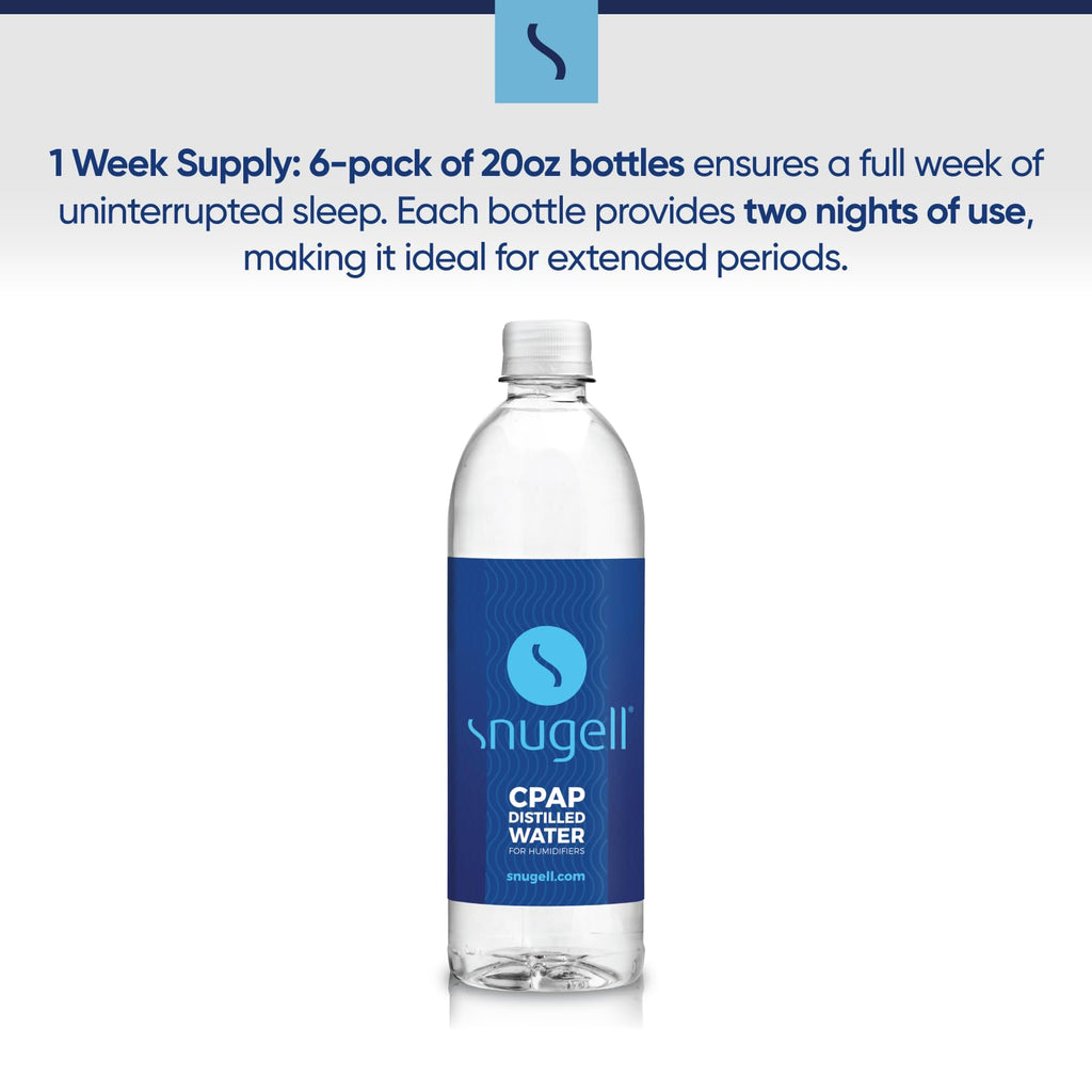 Snugell Travel Size Bottled Distilled Water for CPAP Machines, (6-Pack, 20oz Each) – Up to 12-Day Supply – Multi-Use, Travel-Friendly, Clean, Made in USA