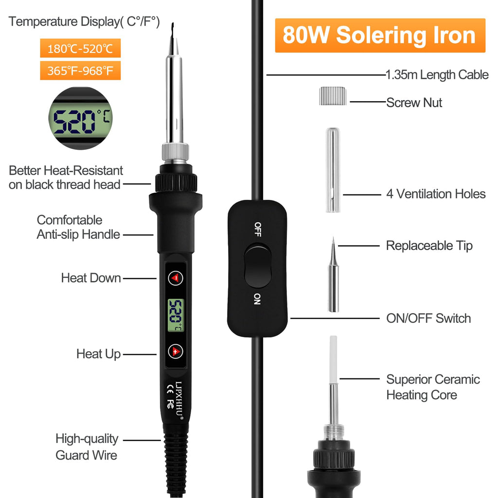 Soldering Iron Kit 80W LCD Adjustable Temperature 180-520℃ Solder Kit Electronics 13 in 1 Welding Tools with ON/OFF Switch, Solder Wire, Flux, 5 Soldering Tips, Desoldering Pump, Stand, Tweezers