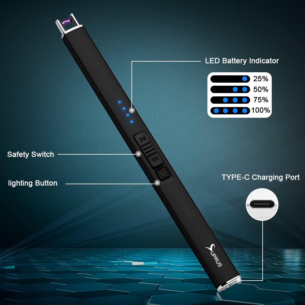 SUPRUS Electric Arc Windproof Flameless USB Lighter Rechargeable Lighter with Safety Lock for Candle BBQ Camping (Blue, 3)
