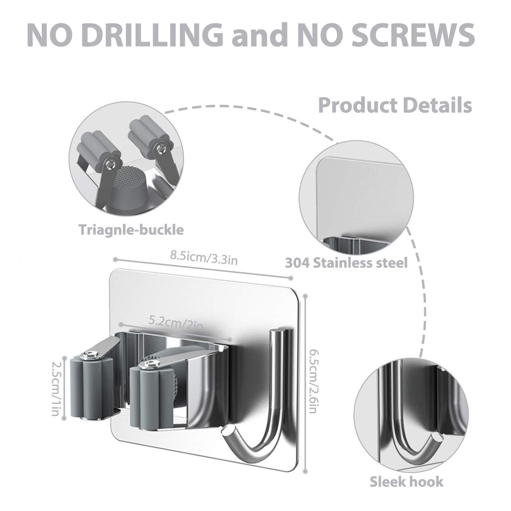 homeasy Mop Broom Holder No Drill, Mop Broom Organizer Wall Mounted Heavy Duty with Hooks Hanger, Self Adhesive Stainless Steel 6Pcs for Bathroom, Kitchen, Office (Silver)