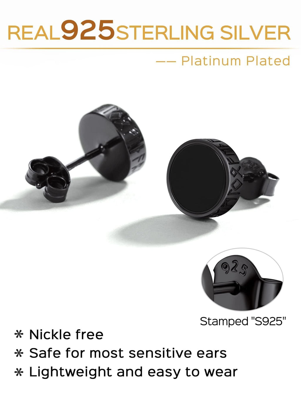 ChicSilver 925 Sterling Silver Earrings for Men, Hypoallergenic 8MM Viking Rune Men's Earring, Natural Black Onyx Mens Stud, Fathers Day Christmas Jewelry