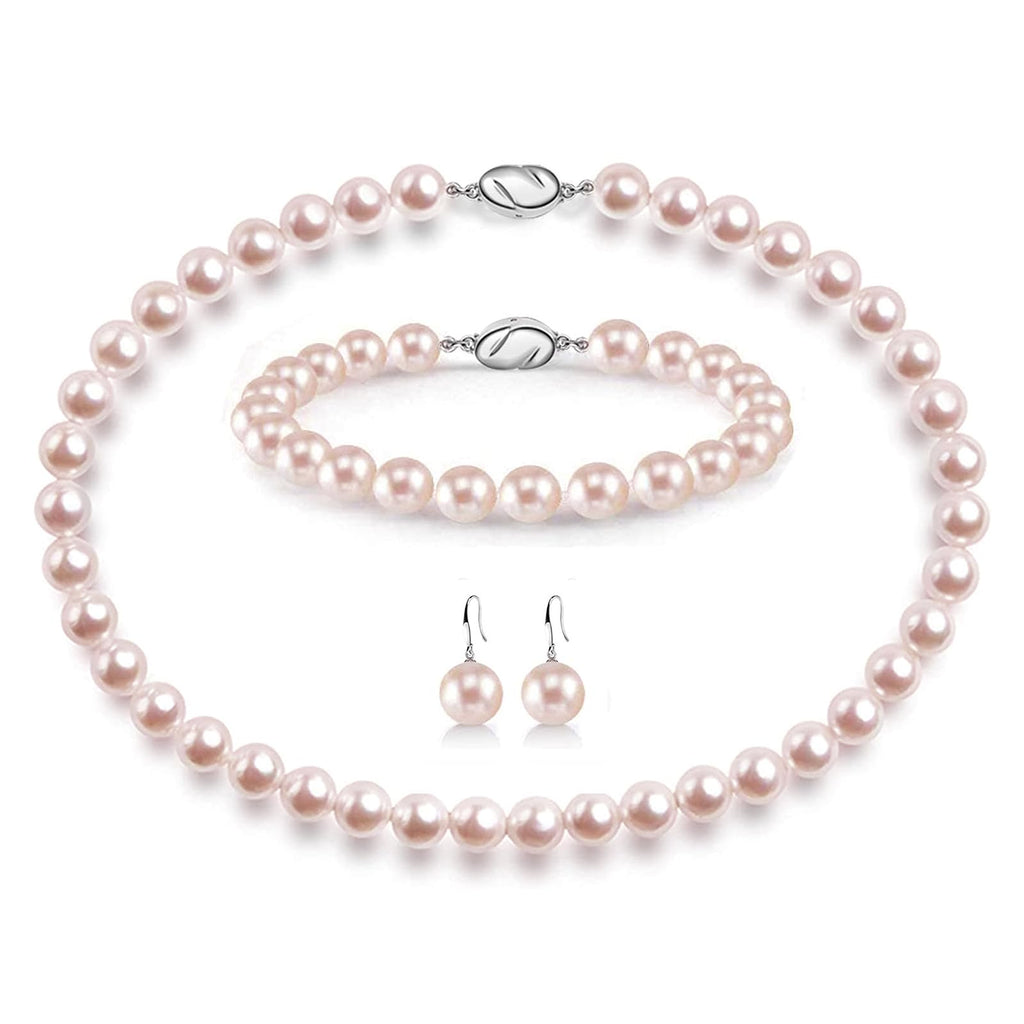 AOOVOO Pink Pearl Necklace Set for Women, 8mm Round Shell Pearl Includes Stunning Bracelet and Dangle Earrings 3 Piece Jewelry, Birthday Wedding Gifts for Her