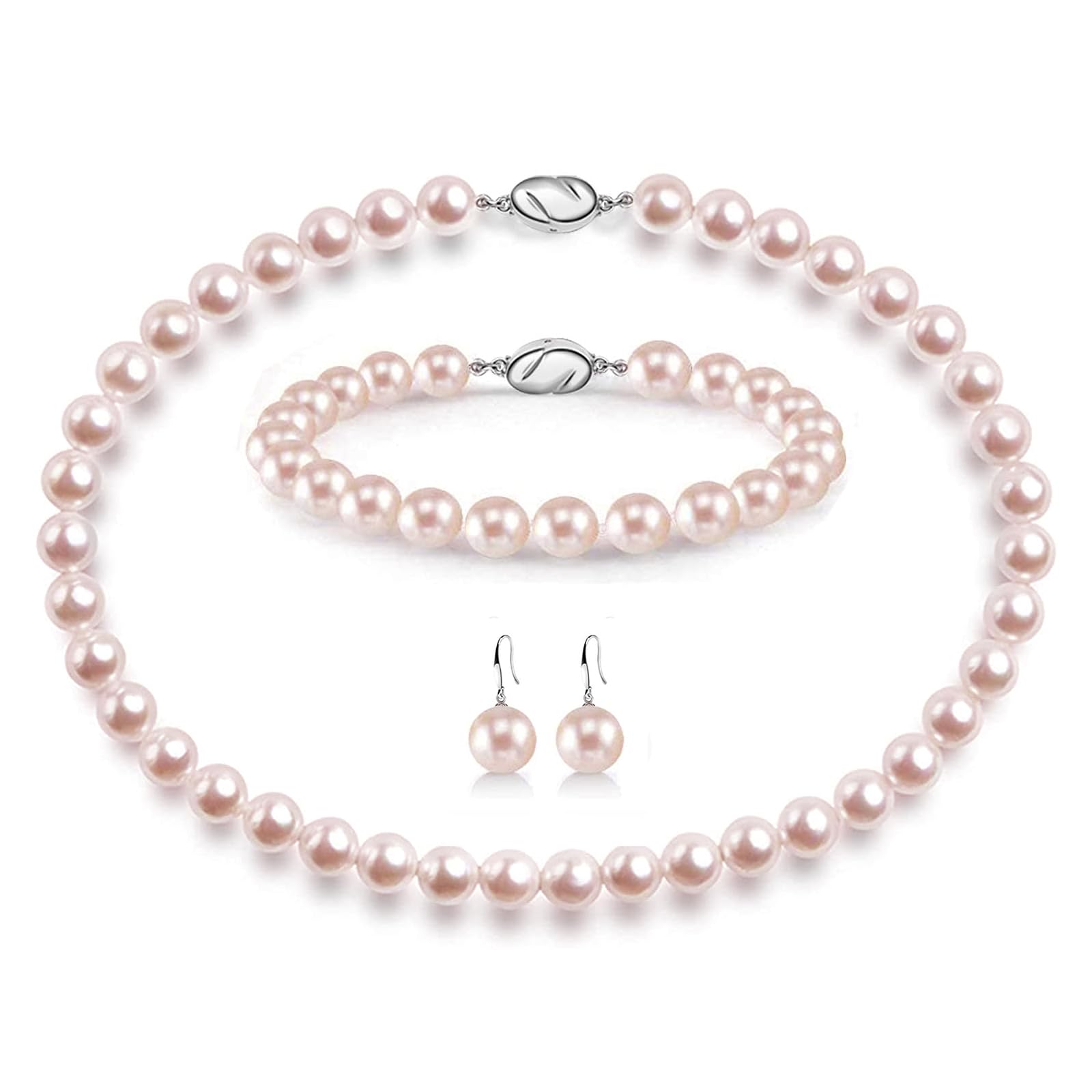AOOVOO Pink Pearl Necklace Set for Women, 8mm Round Shell Pearl Includes Stunning Bracelet and Dangle Earrings 3 Piece Jewelry, Birthday Wedding Gifts for Her