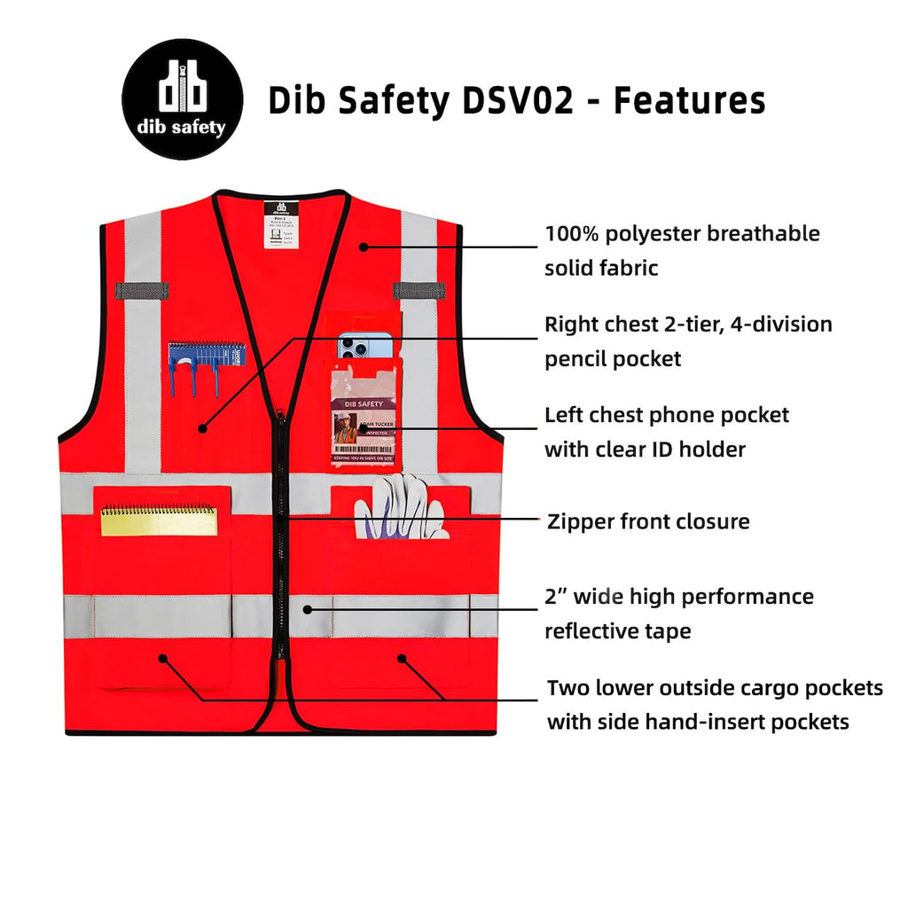 Dib Safety Reflective Safety Vest for Men Women, High Visibility Vest with Pockets and Zipper, Red 4XL