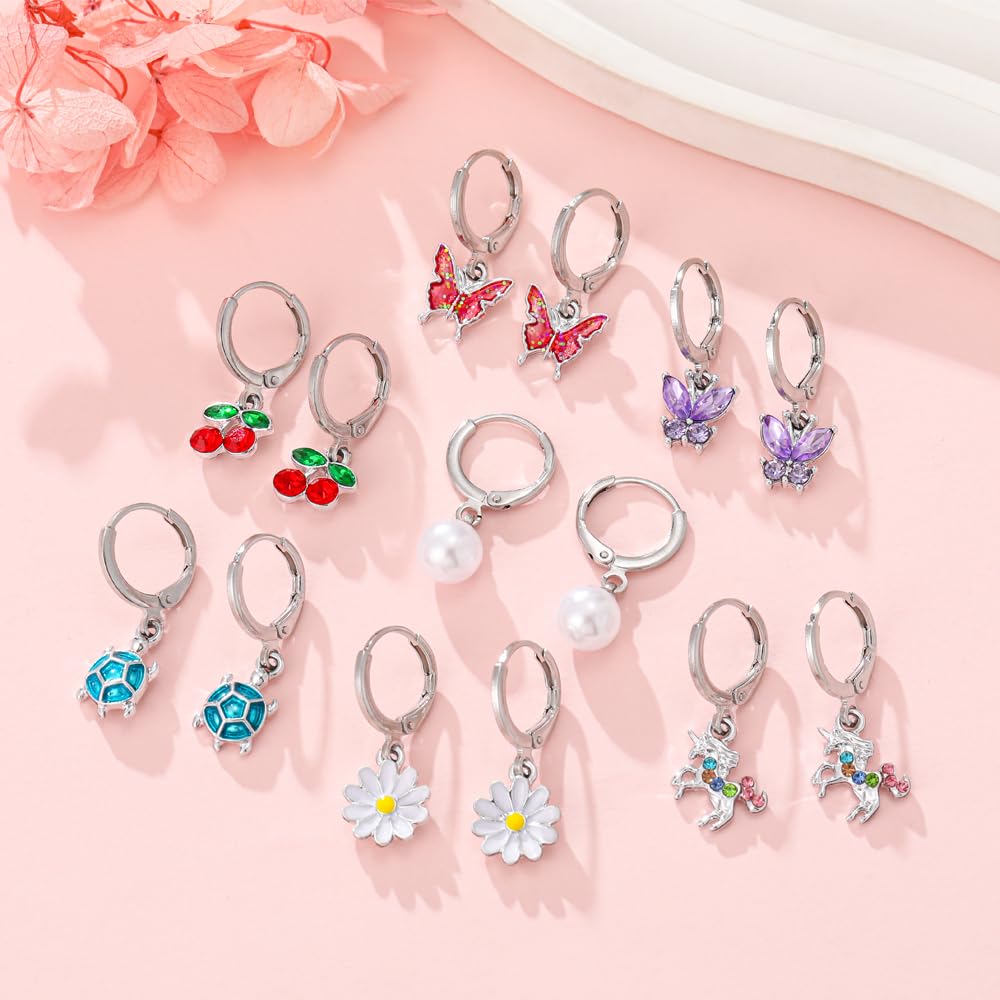 16 Pairs Hypoallergenic Silver Dangle Hoop Earrings for Girls Teens Kids Cute Girls Earrings Animal Small Hoop Earrings Set Pink Jewelry