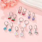 16 Pairs Hypoallergenic Silver Dangle Hoop Earrings for Girls Teens Kids Cute Girls Earrings Animal Small Hoop Earrings Set Pink Jewelry