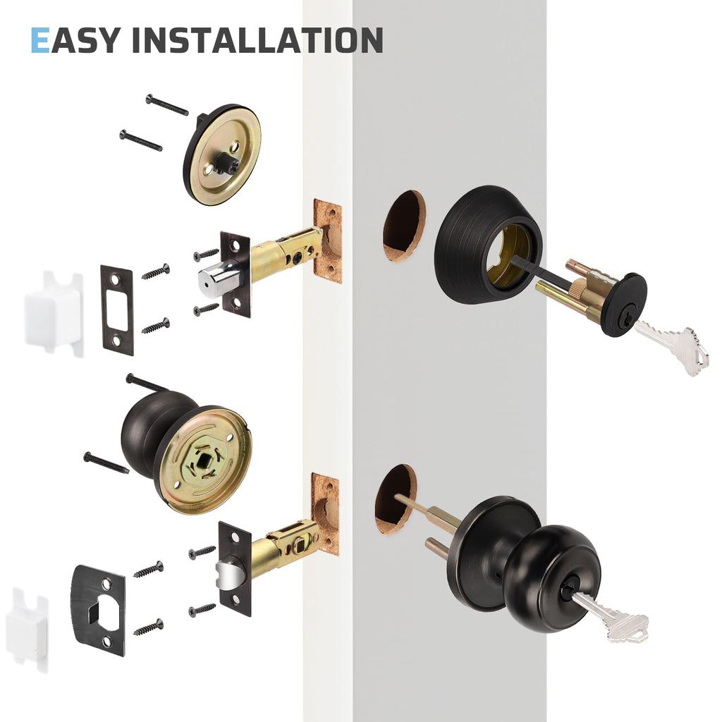 KNOBWELL Keyed Entry Door Knob and Single Cylinder Deadbolt Combo Set, Exterior Door Knobs for Entrance and Front Door, Keyed Alike Knob and Deadbolt, Oil Rubbed Bronze, 10 Pack