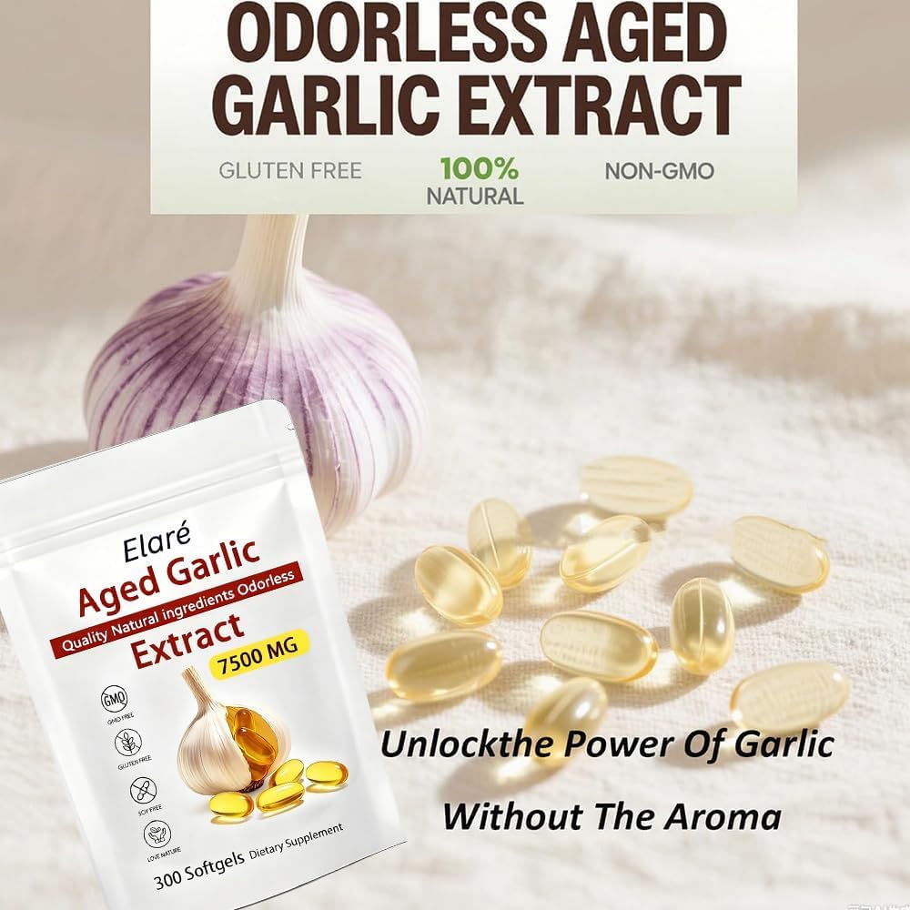 Elare Aged Garlic Extract Capsules 7500mg Odorless - 300 Count, Garlic Supplement, 2-Year Matured - for Heart & Immune Support, Non-GMO, Gluten-Free