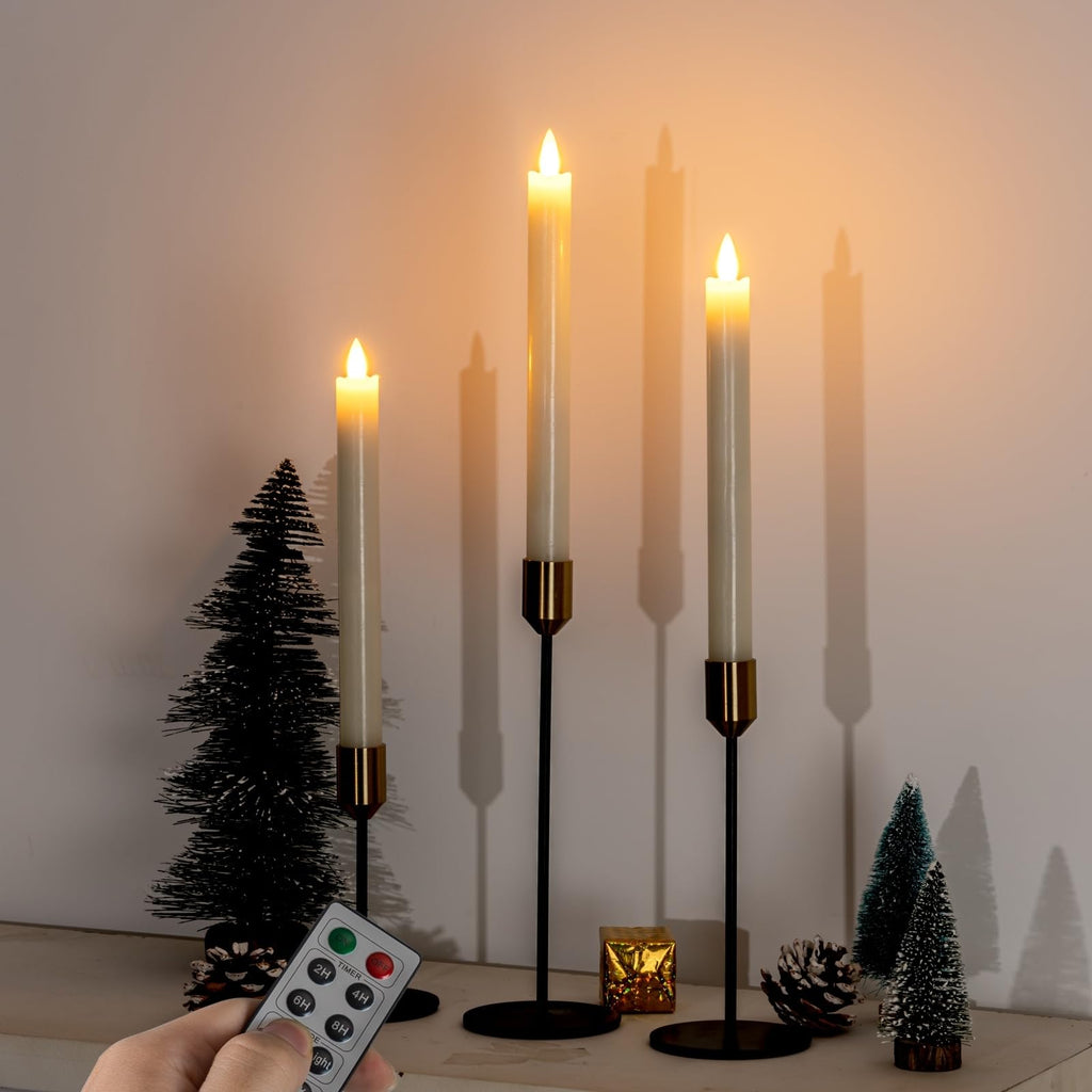 Homemory 9.6 Inches Waxy Flameless Taper Candles with Remote Timer Dimmer, Flickering LED Candlesticks, Battery Operated Window Candle for Christmas Wedding Decor, 6 Pcs Ivory Wavy Taper Candles