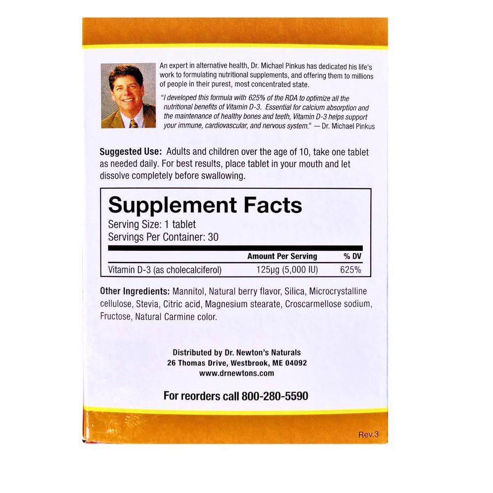 Dr. Newton's Naturals Vitamin D3 Fast-Melting Tablets - 5000 IU (125 mcg) Helps Maintain Healthy Bones and Immune Support - 30 Tablets - Ultimate Absorption – High Potency-Manufactured in USA