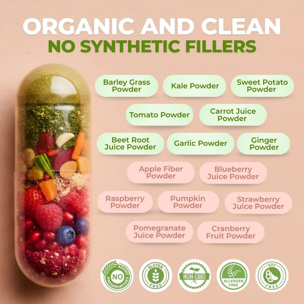 Vital Super Fruits & Veggies - Daily Superfood Capsules for Adults - Fruit and Veggies Supplement to Boost Immunity & Energy - 2-in-1 Formula for Overall Wellness - Fruit and Vegetable Capsules