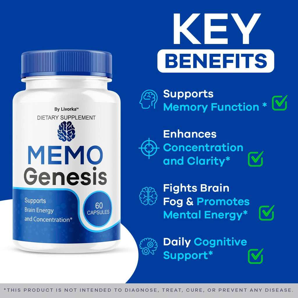 Memo Genesis Capsules - Original MemoGenesis Brain Health Daily Support Pills Natural Advanced Formula Cognitive Health & Function to Help Maintain Clarity Focus, 60 Capsules for 1 Month
