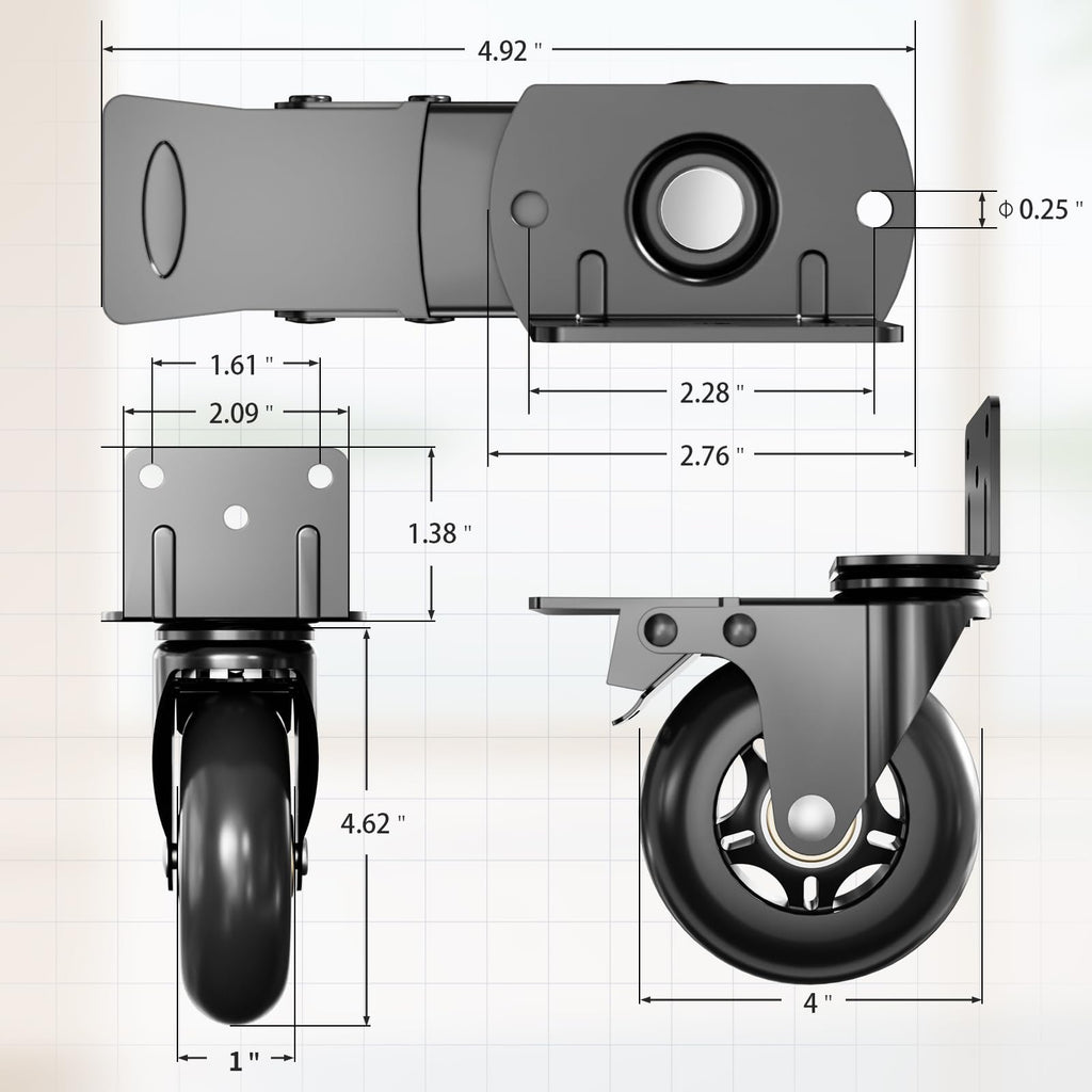 Side Mount Plate Caster Wheels - Thickened L-Shaped Mounting ，Heavy Duty 1600 LBS，Set of 4 with Brake，360° Swivel，Locking，Castor Wheels for Furniture，Carts，Cabinet，Table (Black, 4inchs)