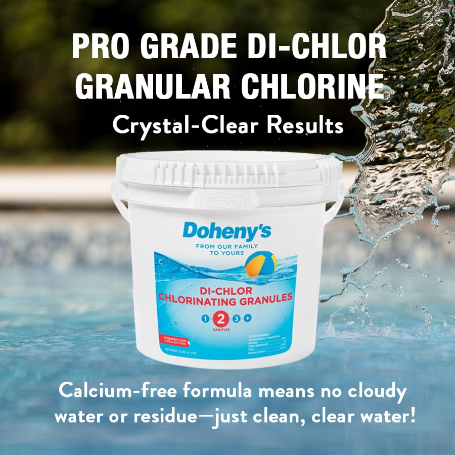 Doheny's Di-Chlor Granular Chlorine | Pro-Grade 3-in-1 Pool Sanitizer, Shock & Algaecide | Fast-Dissolving, Calcium-Free, No Residue | 99.5% Sodium Dichlor with 56% Stabilized Chlorine | 50lb Bucket