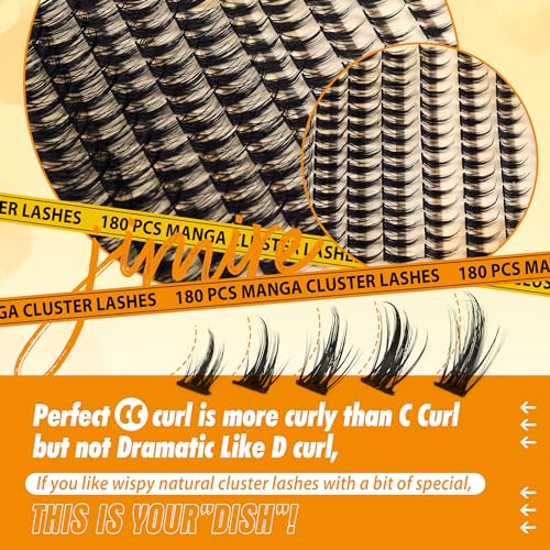 JIMIRE Wispy Lash Clusters Extensions 180Pcs Anime Eyelash Clusters D Curl Manga Lashes Clusters Natural Look 8-16MM Cluster Eyelash Extensions Individual Lash Extension Pack