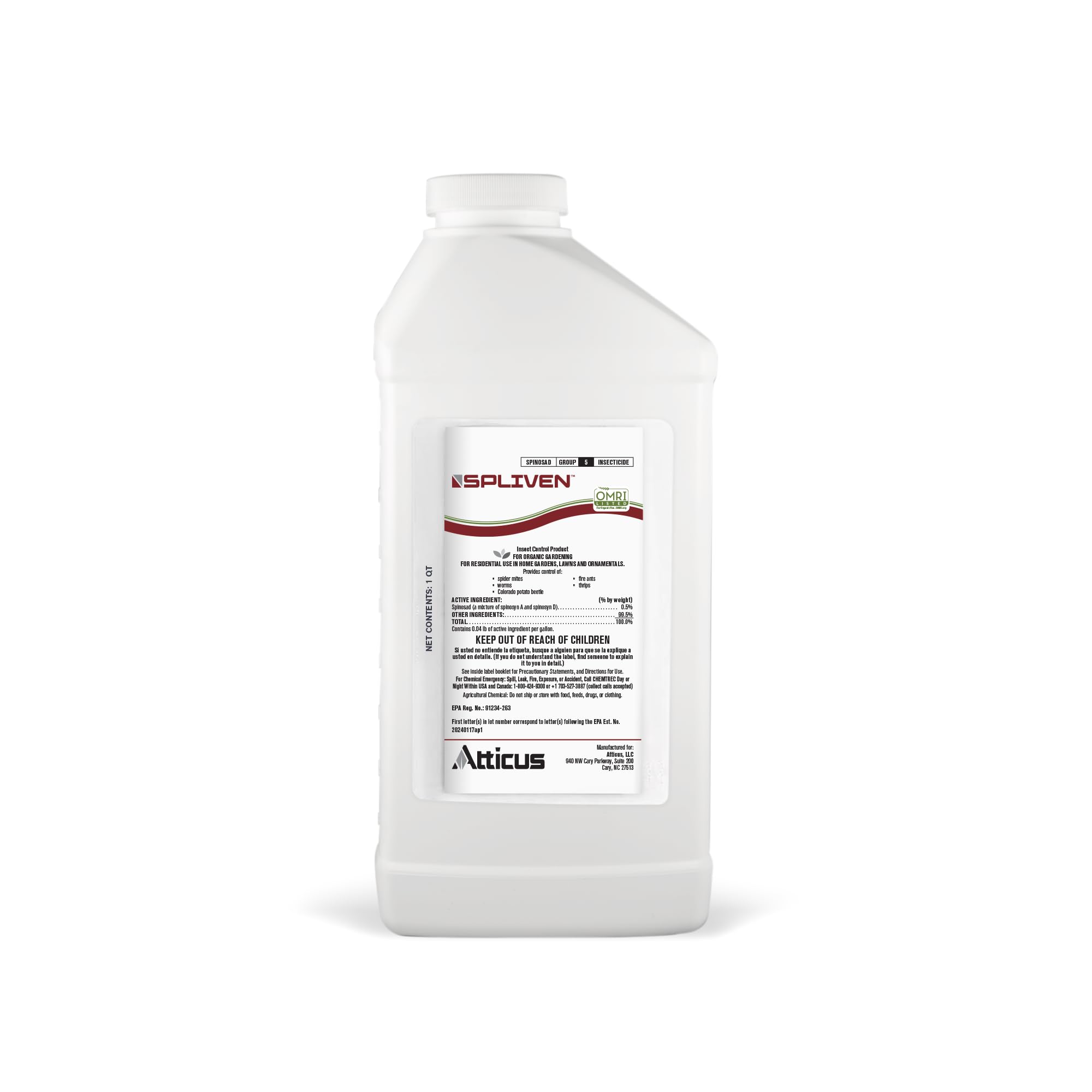 Atticus Spliven Organic Insecticide (32 oz) – 0.5% Spinosad Concentrate - Outdoor Insecticide for Vegetable Garden, Lawns and Landscapes
