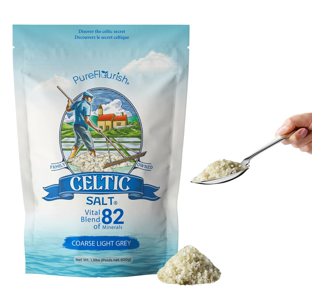 Pure Flourish Celtic Salt - 600g | 100% Organic Unrefined Celtic Salt | Rich in 82+ Essential Minerals | Hand Harvested Light Grey Celtic Salt Crystals from France