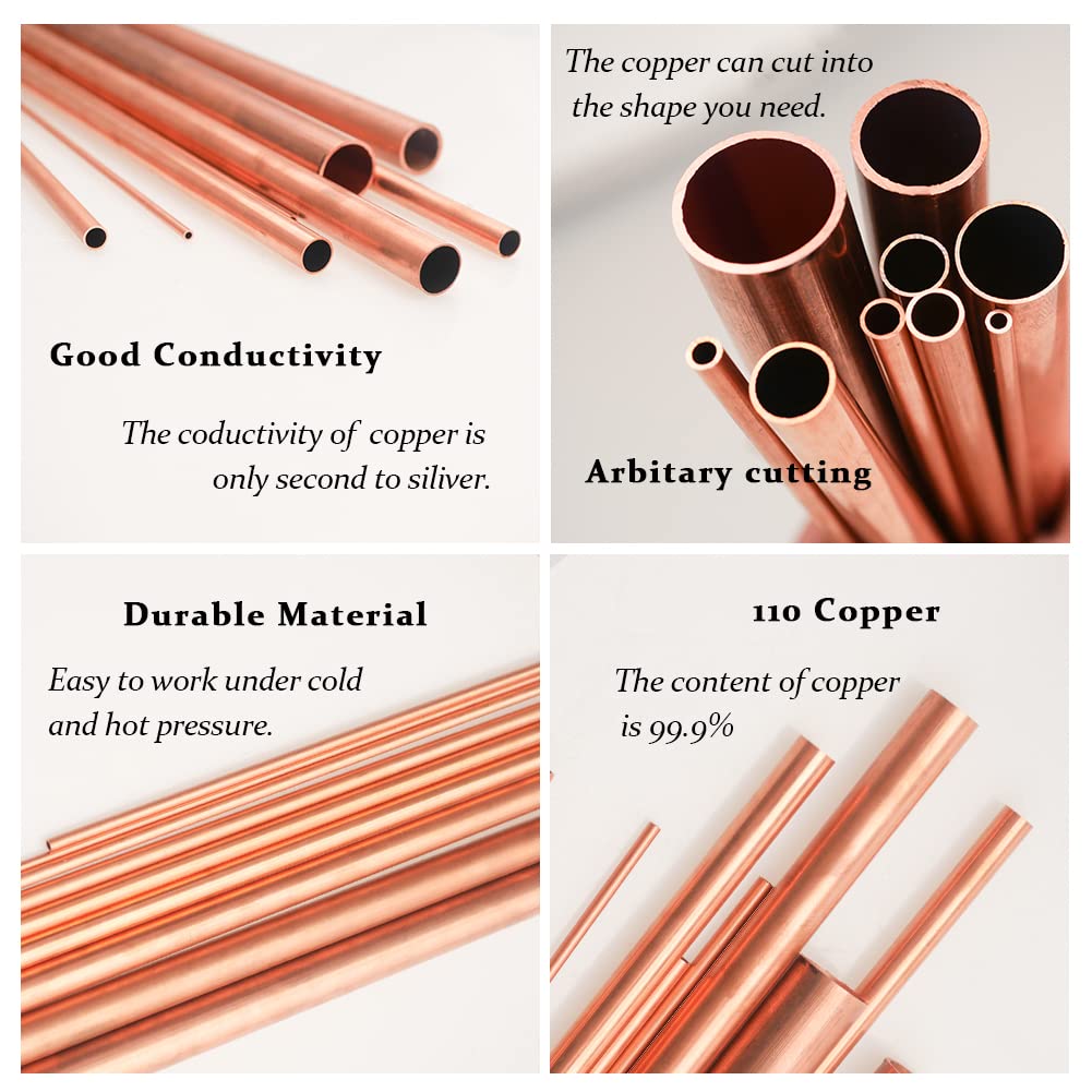Tynulox 1/4"(6.5mm) OD 99.9% Copper Tube 0.5mm Wall × 300mm Length × 4Pcs, Pure Copper Tubing 110 Copper Seamless Round Tubing for Refrigerator, Jewellery and Industry