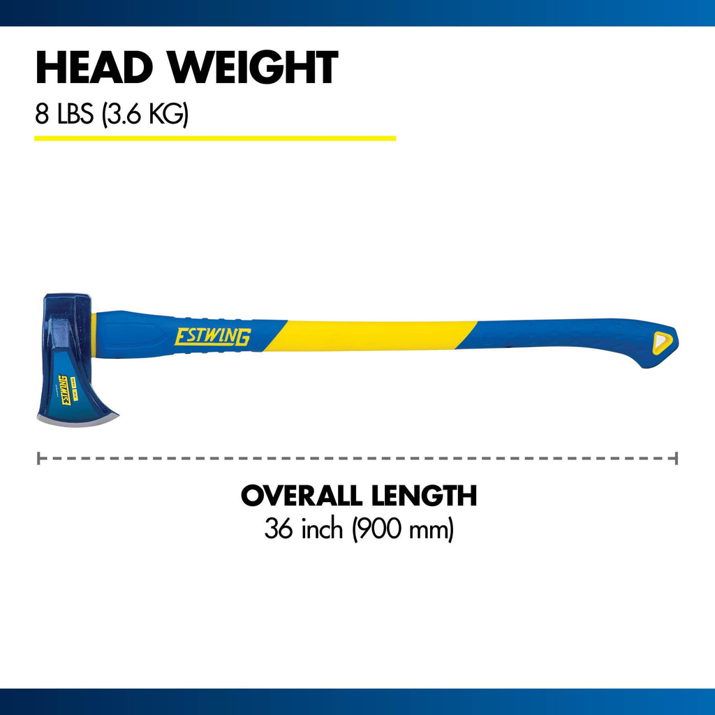 Estwing 8 lb Wood Splitting Maul with 36-Inch Fiberglass Handle - Forged Head Hardened to 50–55 HRC, Heavy-Duty Log Splitter, Model #62374