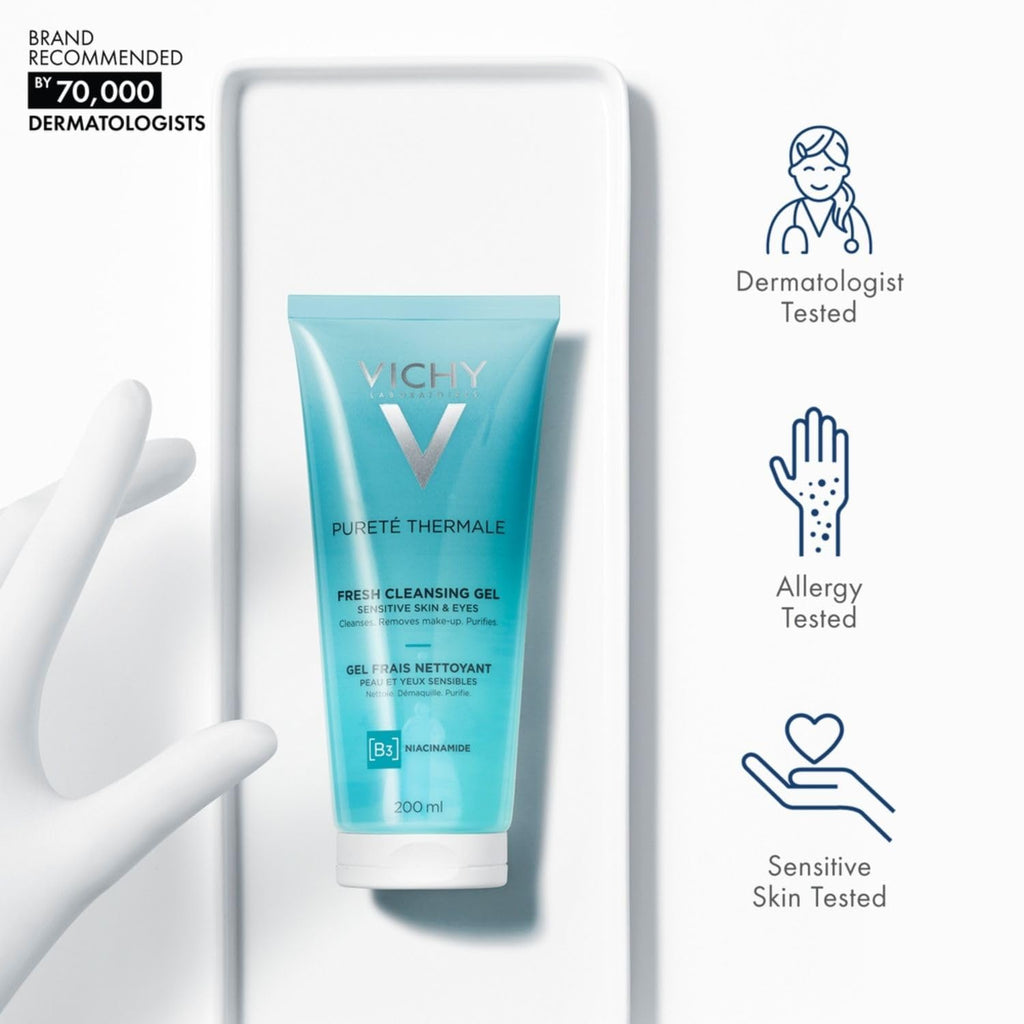 VICHY Pureté Thermale Fresh Cleansing Gel, Formulated With Glycerin, Gentle Gel Cleanser & Makeup Remover, Removes Impurities Without Overdrying, Safe For Sensitive Skin & Eyes 6.7 Fl Oz (Pack of 1)