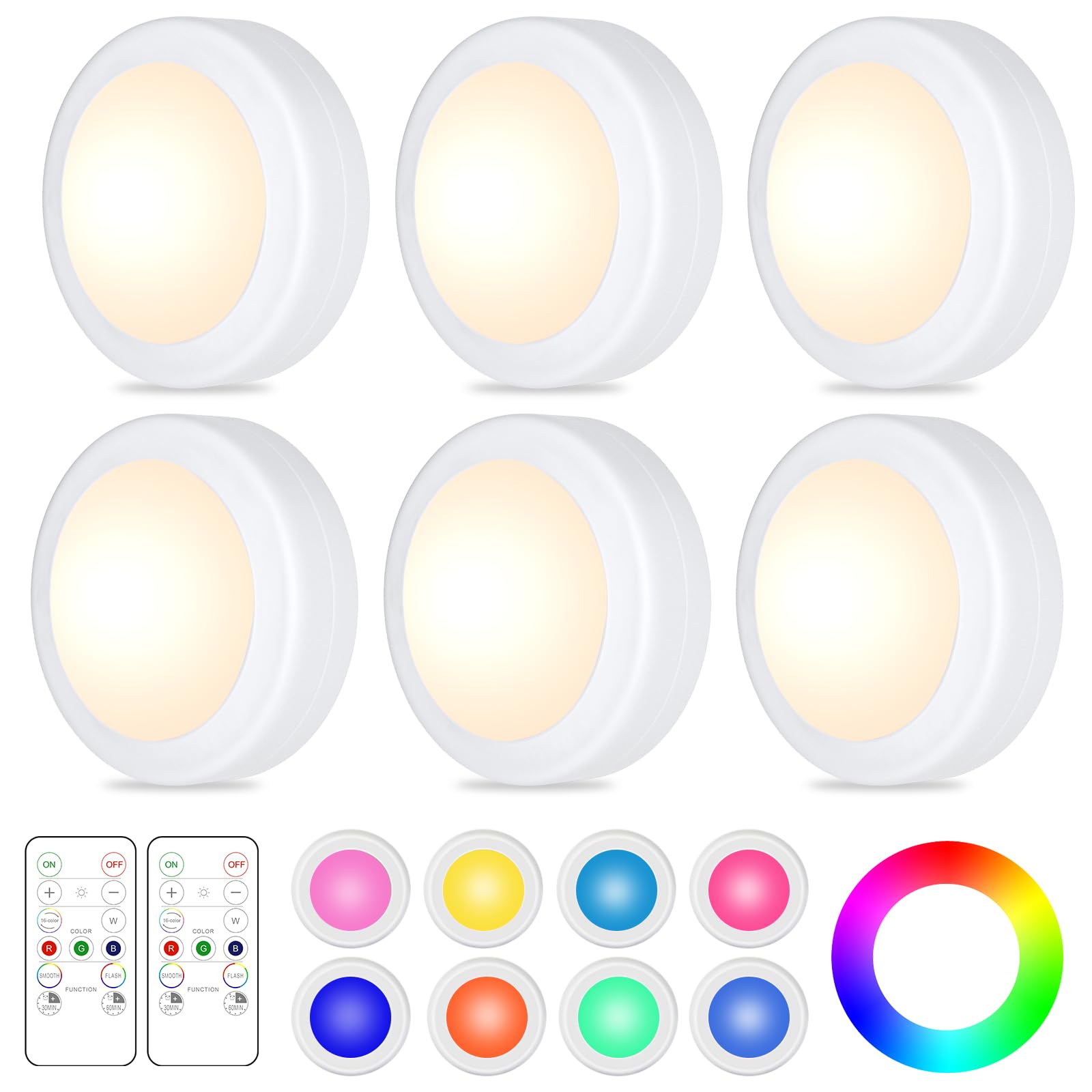 Yiliaw 6 Pack LED Puck Lights Remote Control 16 Color Changeable Under Cabinet Lights, Battery Operated Lights Night Light with Dimmer & Timmer for Closet Bedroom Kitchen, White