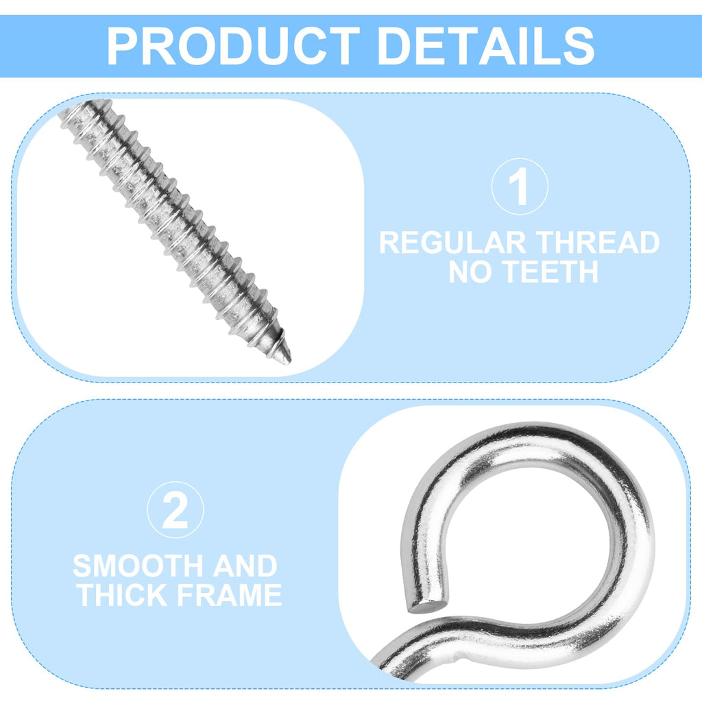 Aovchei Eye Screws, 4 Pcs 6 inches 304 Heavy Duty Stainless Steel Screw Hooks, Rust-Resistant Self Tapping Eyelet Bolts for Wood, Securing Cables Wires, Indoor & Outdoor for Hanging Artwork