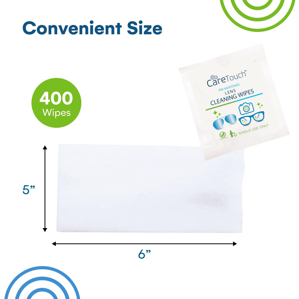 Care Touch Lens Wipes for Eyeglasses- 400 Count Individually Wrapped Pre- Moistened Wipes, 5 x 6 Inch- Camera Lens, Sunglasses and Glasses Cleaner,- Gentle and Portable for Cleaning of Optical Devices
