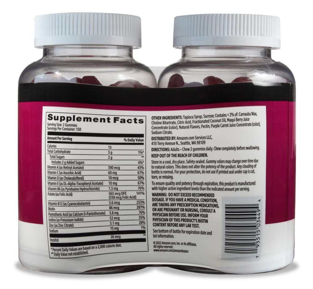 Amazon Basics Adult Multivitamin Gummies, Mixed Berry & Cherry Flavors, 150 Count, 75-Day Supply, Pack of 2 (Previously Solimo)