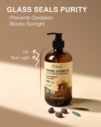 Yoken Organic Jojoba Oil Glass Bottle 16 fl oz, USDA Certified 100 Pure & Natural Jojoba Oil for Hair, Skin & Face, Cold Pressed Unrefined Hexane Free, Deeply Moisturizing Body Serum for Gua Sha