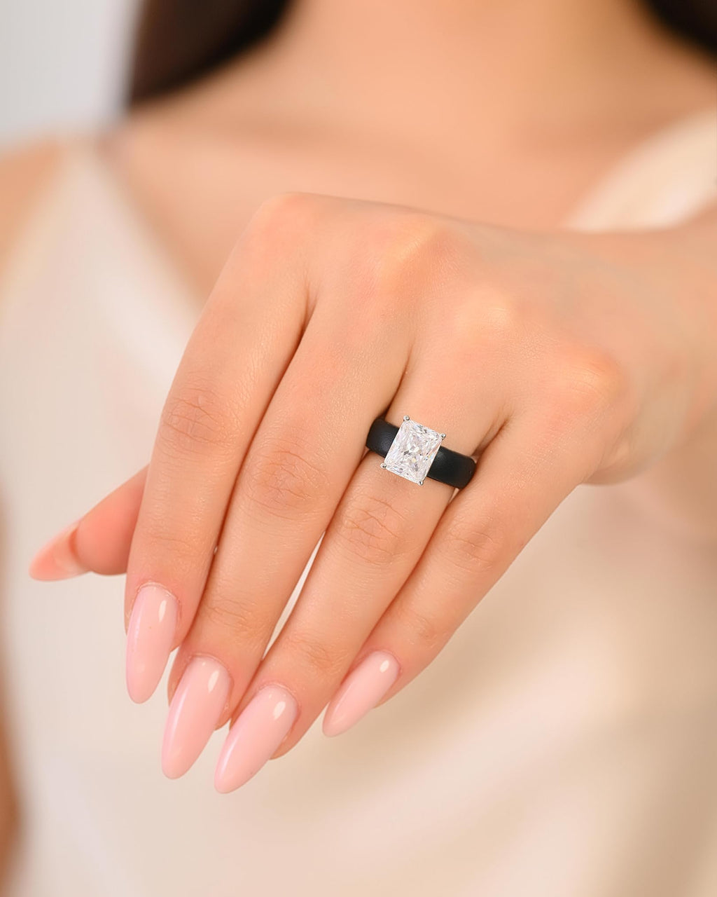 Rinfit Silicone Ring with Stone, Emerald Cut CZ - Blck/Sil, Size 7