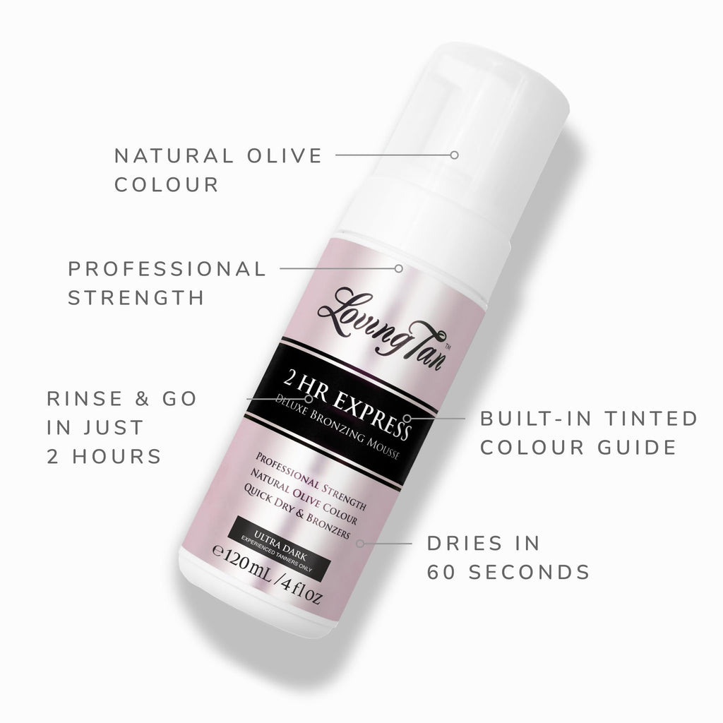 Loving Tan 2 HR Express Self Tanning Mousse, Ultra Dark - Streak Free, Natural, Professional Quality - 5+ Sunless Self Tanner Applications per Bottle, Cruelty Free, Naturally Derived DHA - 4 FL Oz
