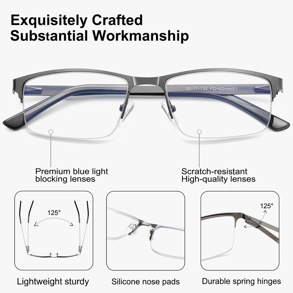 EYECEDAR 5 Pack Reading Glasses Men Blue Light Blocking Eyeglasses Gunmetal Gray Metal Half Frame Spring Hinges Readers for Men and Women 2.5