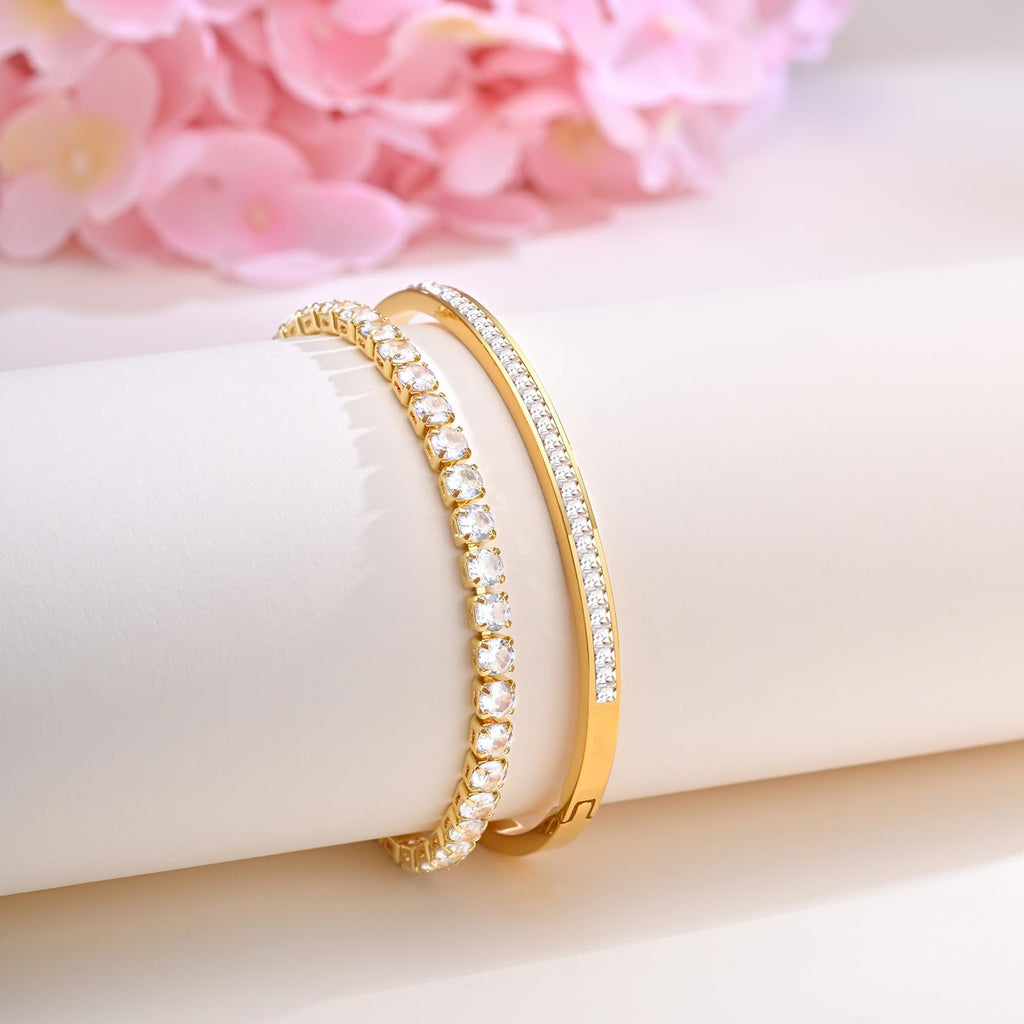 Stackable Gold Bracelets for Women - 2Pcs 18K Gold Plated Cubic Zirconia Bangle Bracelet Friendship Tennis Bracelet Stack Jewelry,Party Christmas Birthday Gift for Girlfriend Sister Wife Daughter