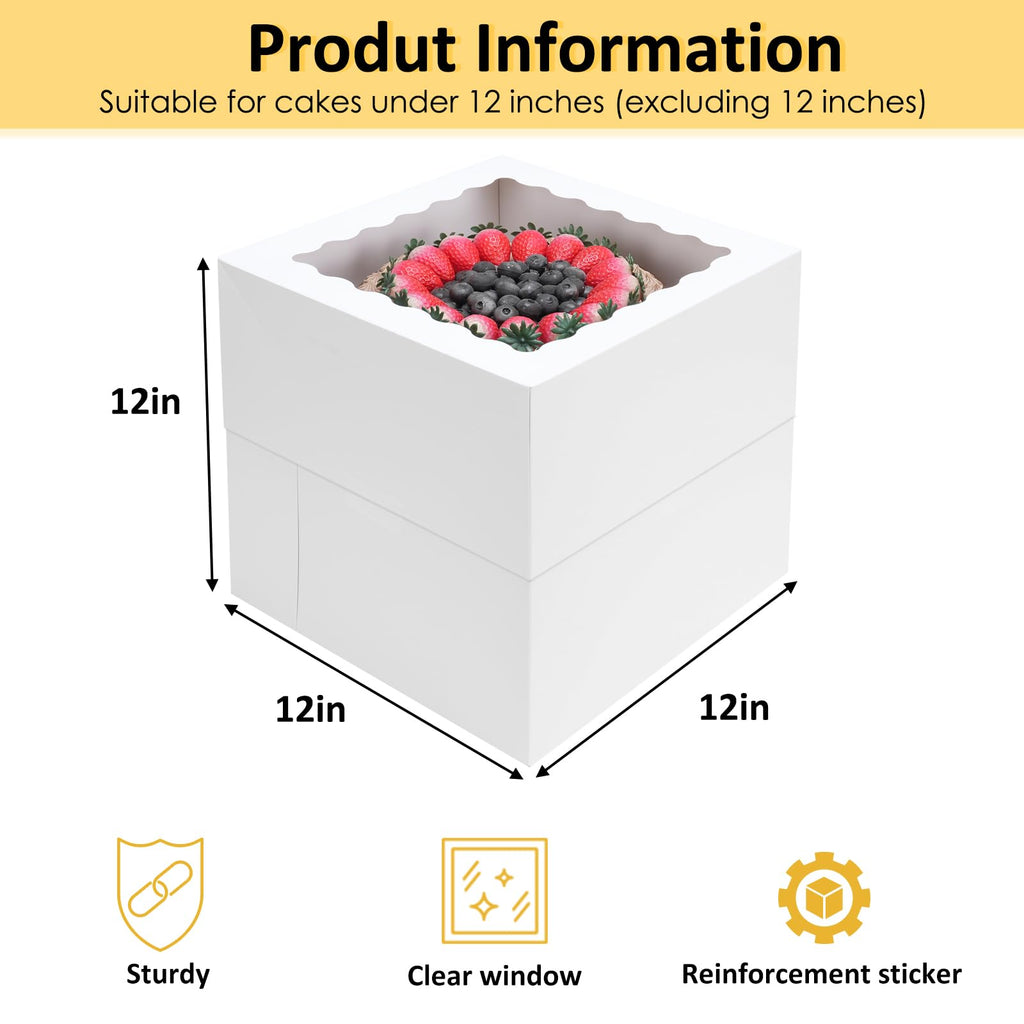 Moretoes 16 Pack Cake Boxes, 12x12x12 Inch Tall Cake Containers with Window for Tier Cakes, Disposable Sturdy Bakery Carrier with Lids, for Valentine's Day, Mother's Day, Wedding, Birthday