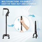 Adjustable Walking Cane for Men & Women with 4-Pronged Base for Extra Stability - Foldable Cane for Seniors with Foam Padded Offset Handle for Soft Grip & a Second Handle for Standing Black