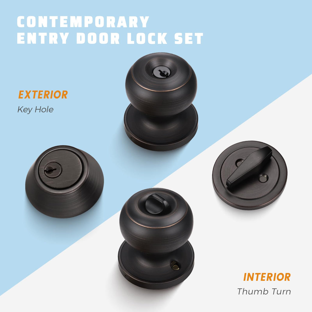 KNOBWELL Keyed Entry Door Knob and Single Cylinder Deadbolt Combo Set, Exterior Door Knobs for Entrance and Front Door, Keyed Alike Knob and Deadbolt, Oil Rubbed Bronze, 10 Pack