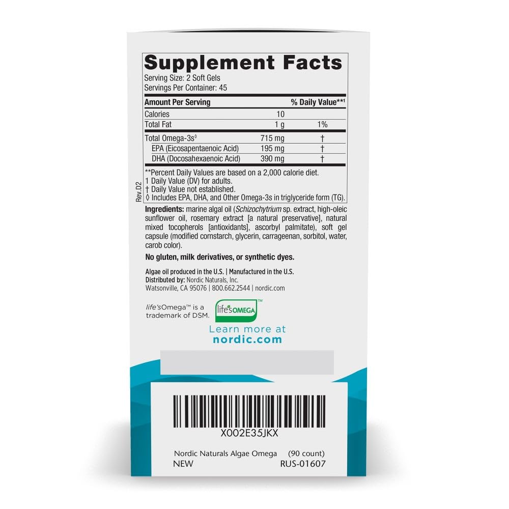 Nordic Naturals Algae Omega - 90 Soft Gels - 715 mg Omega-3 - Certified Vegan Algae Oil - Plant-Based EPA & DHA - Heart, Eye, Immune & Brain Health - Non-GMO - 45 Serving