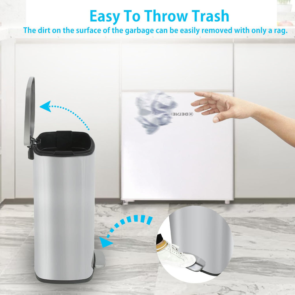 BestMassage 13 Gallon (50L) Stainless Steel Trash Can with Lid, Removable Inner Bucket, Foot Pedal, Soft Close for Home, Kitchen, Office