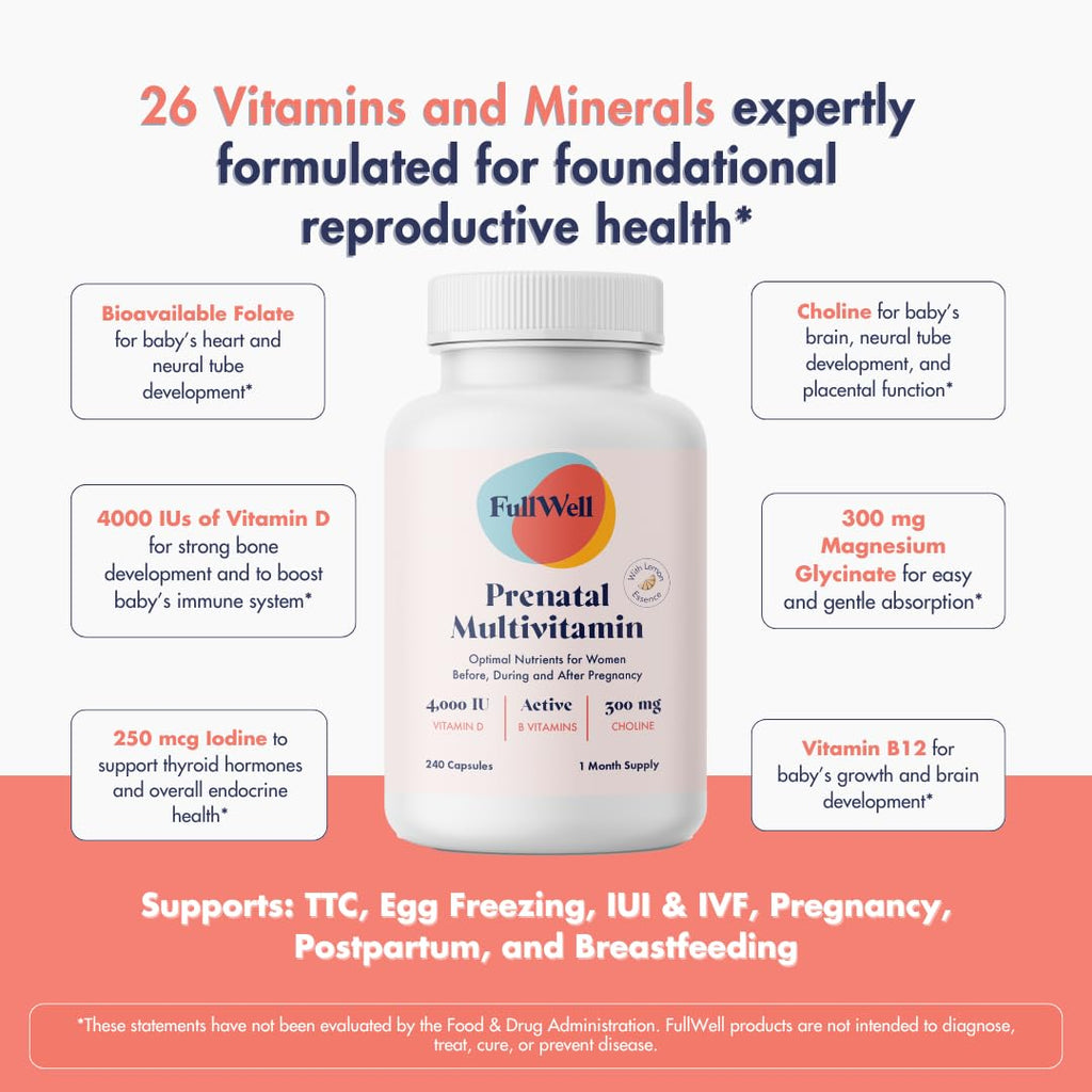 FullWell Women's Prenatal Multivitamin with Lemon Essence - Healthy Pregnancy Support - Contains Choline & Folate - Supports Fetal Growth & Brain Development* - 240 Count (60 Servings, 2 Pk)