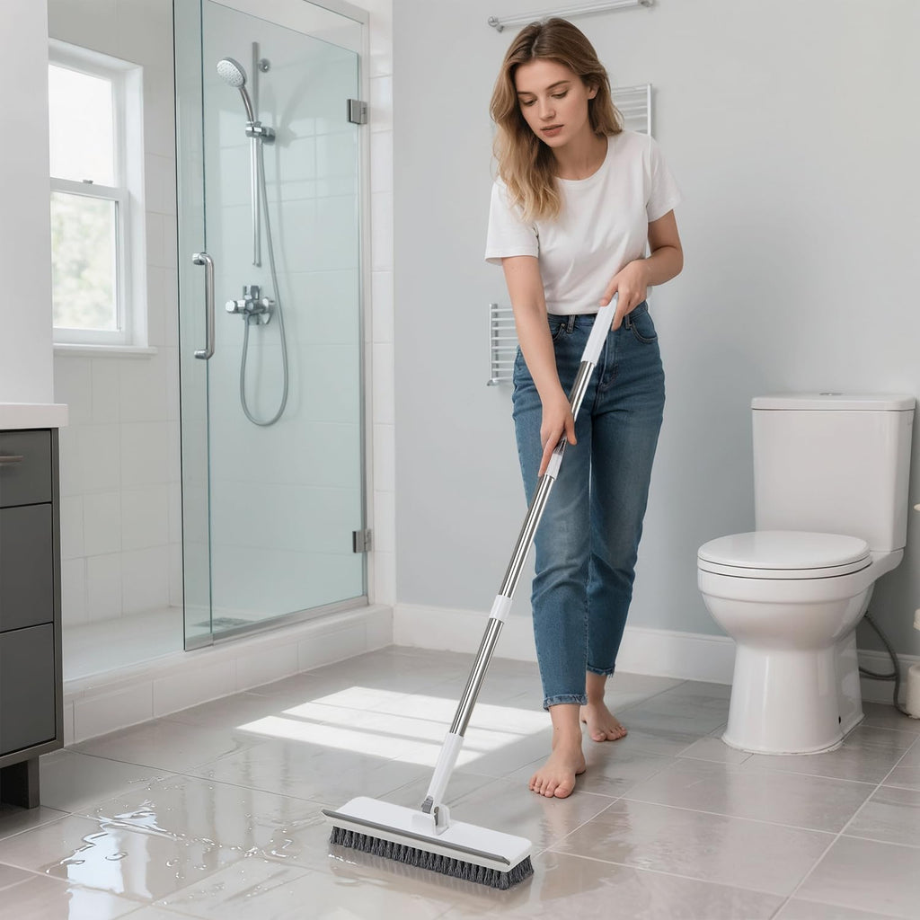 Purexa Floor Scrub Brush with 55" Long Handle, 2-in-1 Floor Brush with Built-in Squeegee, Adjustable Angle Head and Stiff Bristles for Tile, Wood, Concrete & Textured Floor Cleaning