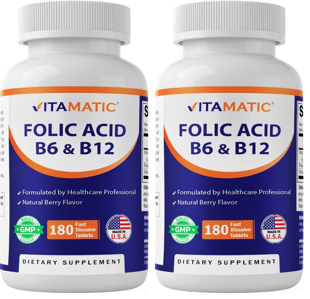 Vitamatic Folic Acid, Vitamin B12 & B6 – 180 Fast Dissolve Tablets Heart Health, Energy Production & Red Blood Cell Support (Pack of 2)