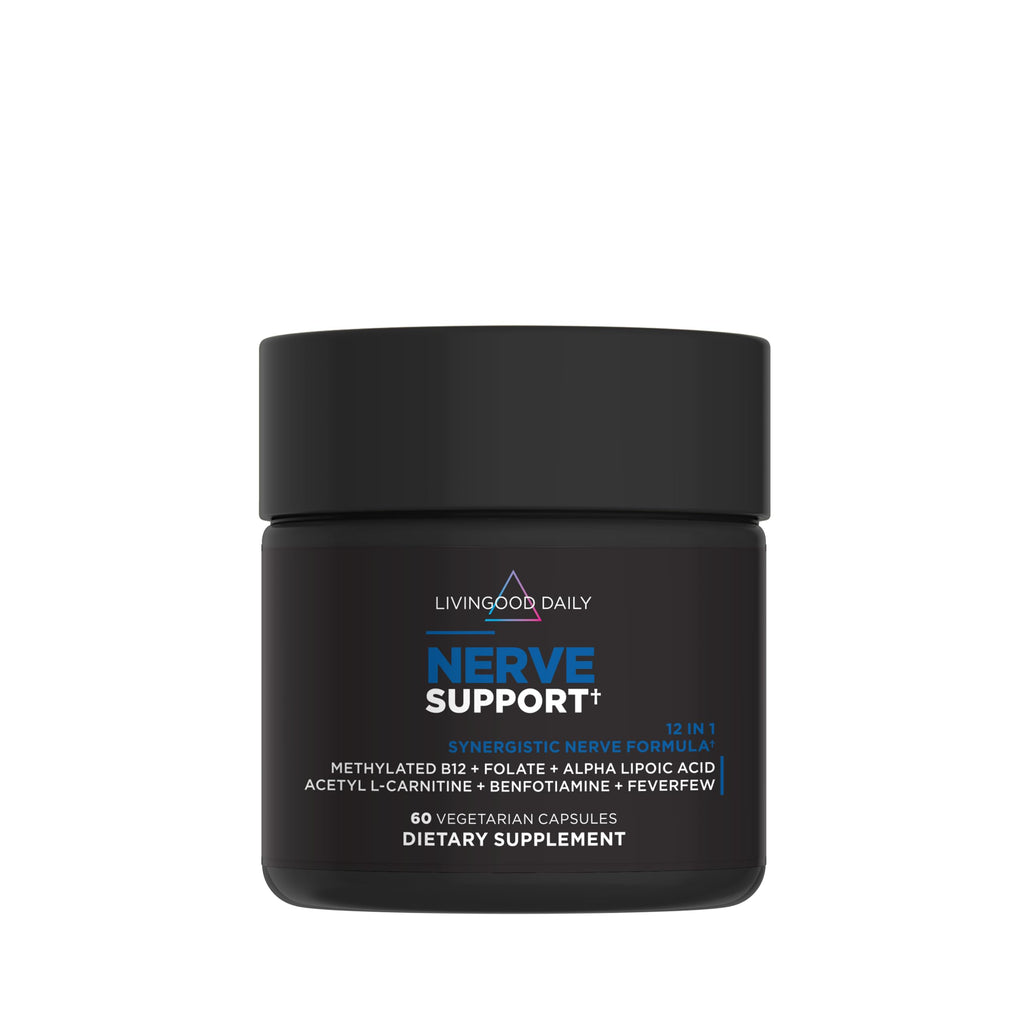 Livingood Daily Nerve Support Supplement for Women & Men, 12-in-1 Nerve Health Formula with Methylated B12, Folate, Benfotiamine, Alpha Lipoic Acid & Feverfew, Gluten Free, Non-GMO, 60 Capsules